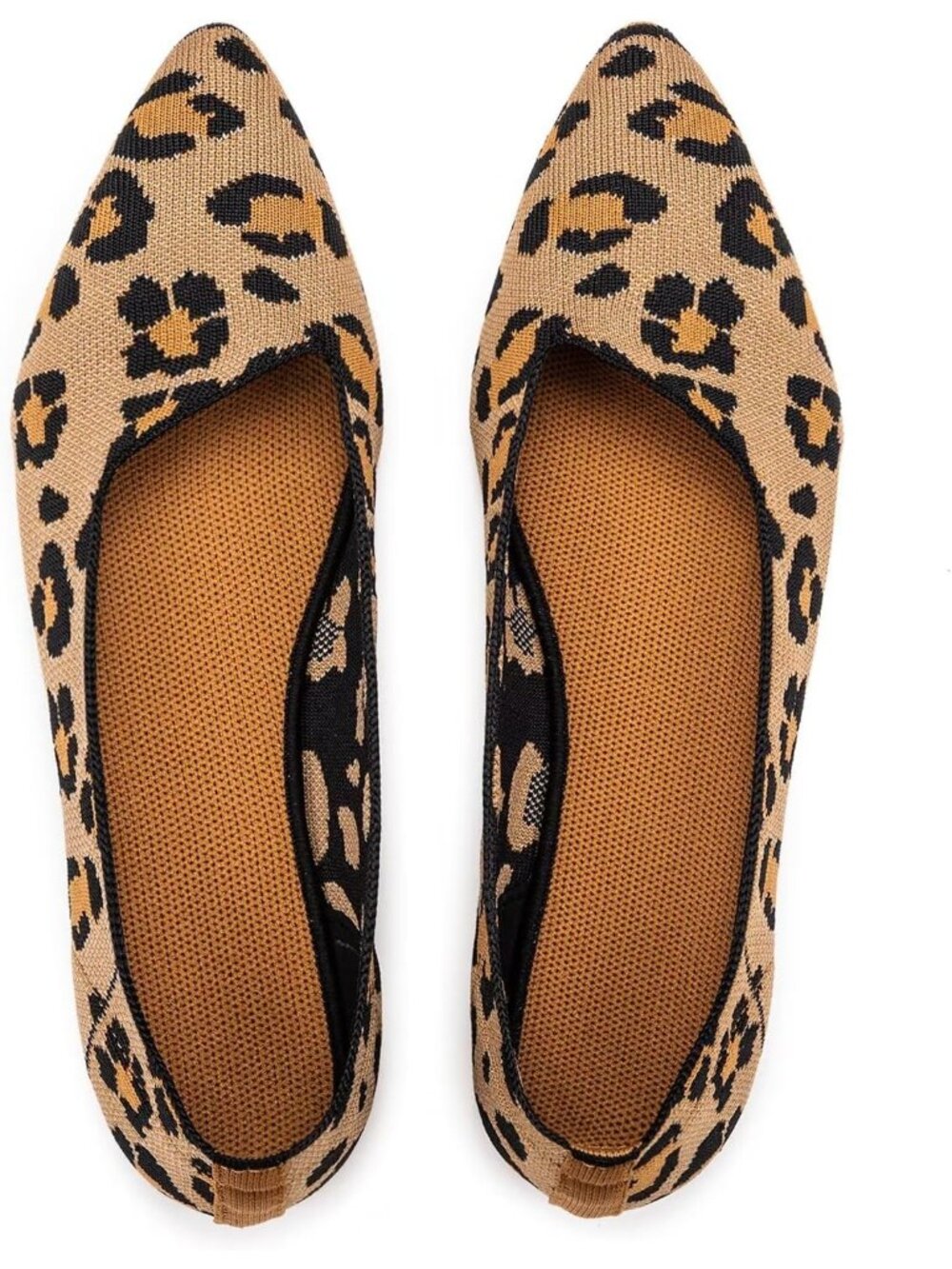 Women Yellow Leopard Comfort Pointed Toe Softable Pull On Knit Casual Flat Shoes